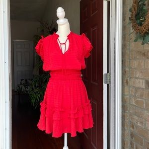 Glam Dress Women’s Medium True Red Elastic Ruffles Lined Mini Flirty Fun Summer